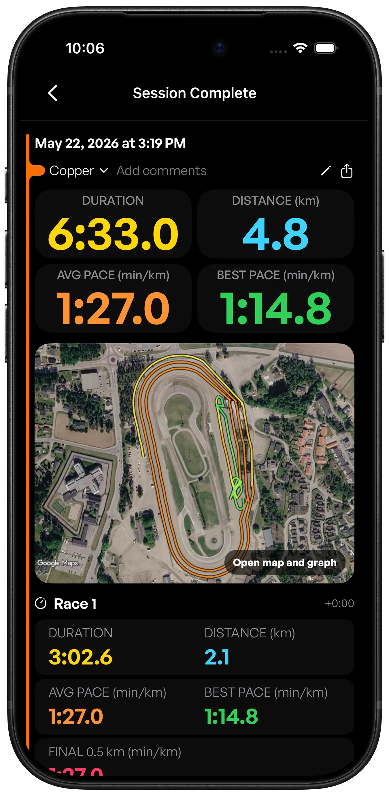 PACE IQ completed training session screen